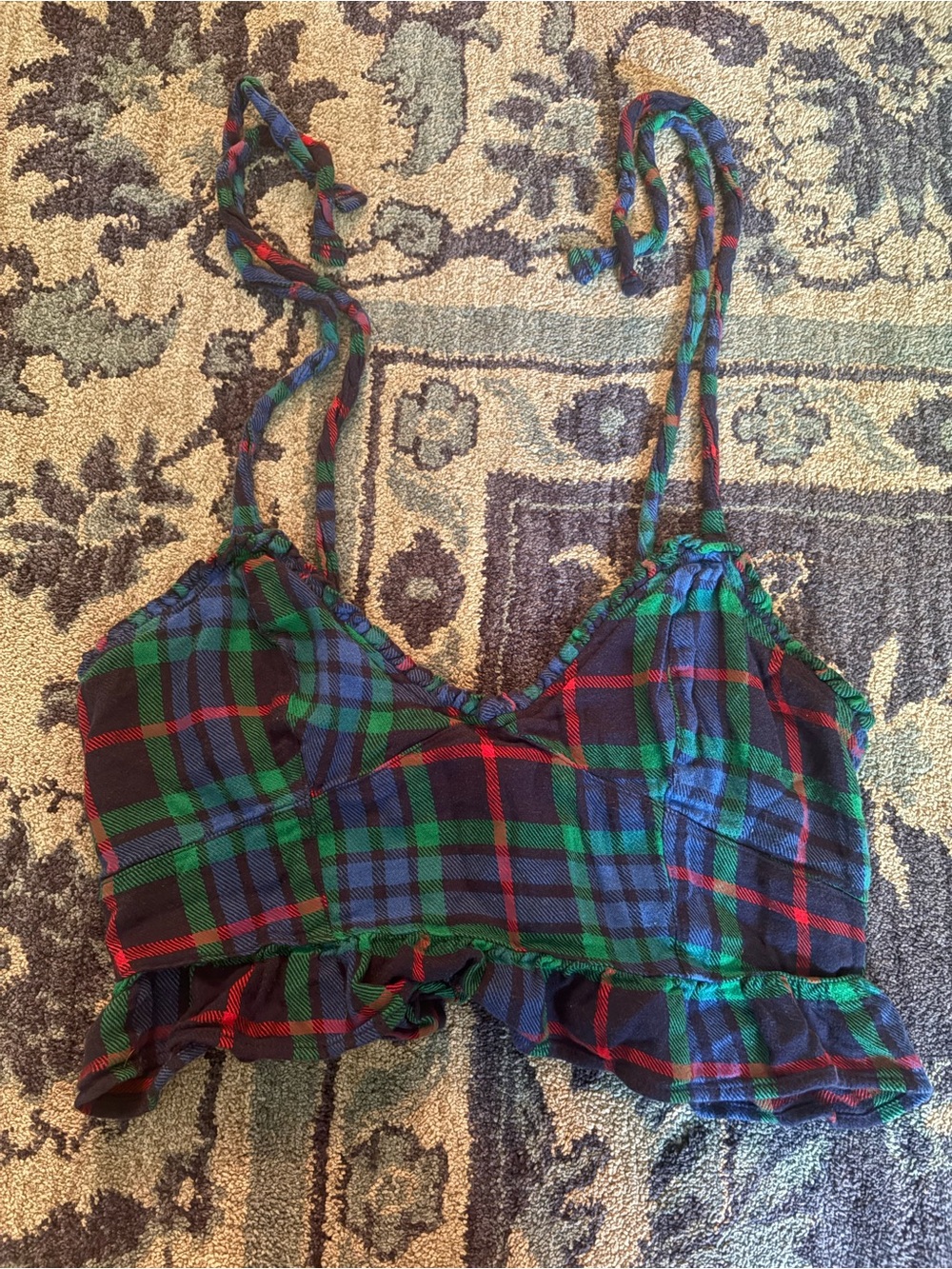 Aerie Flannel Ruffle Pajama Tank Cropped crop top Navy Large ae American eagle